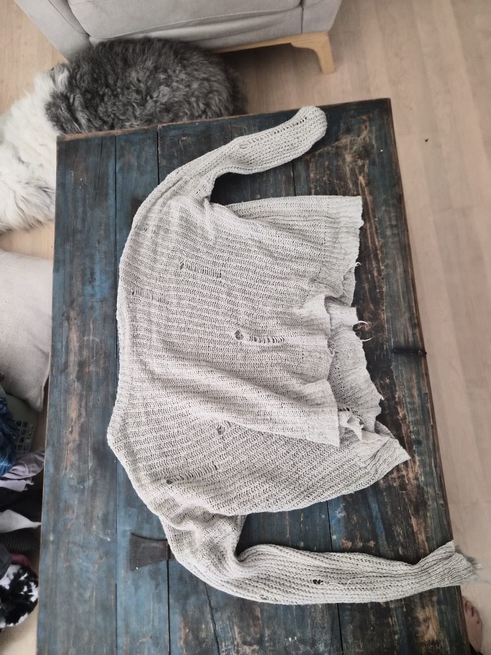 Urban Outfitters Light Gray Distressed Open-Knit Crewneck Sweater